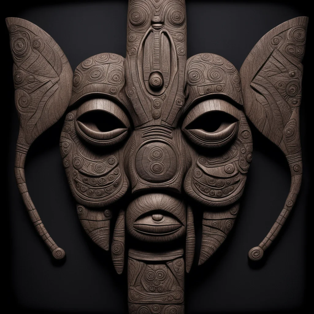 perfectly symetrical african polynesian dark wooden totem with eyes of a mantis on a black background
