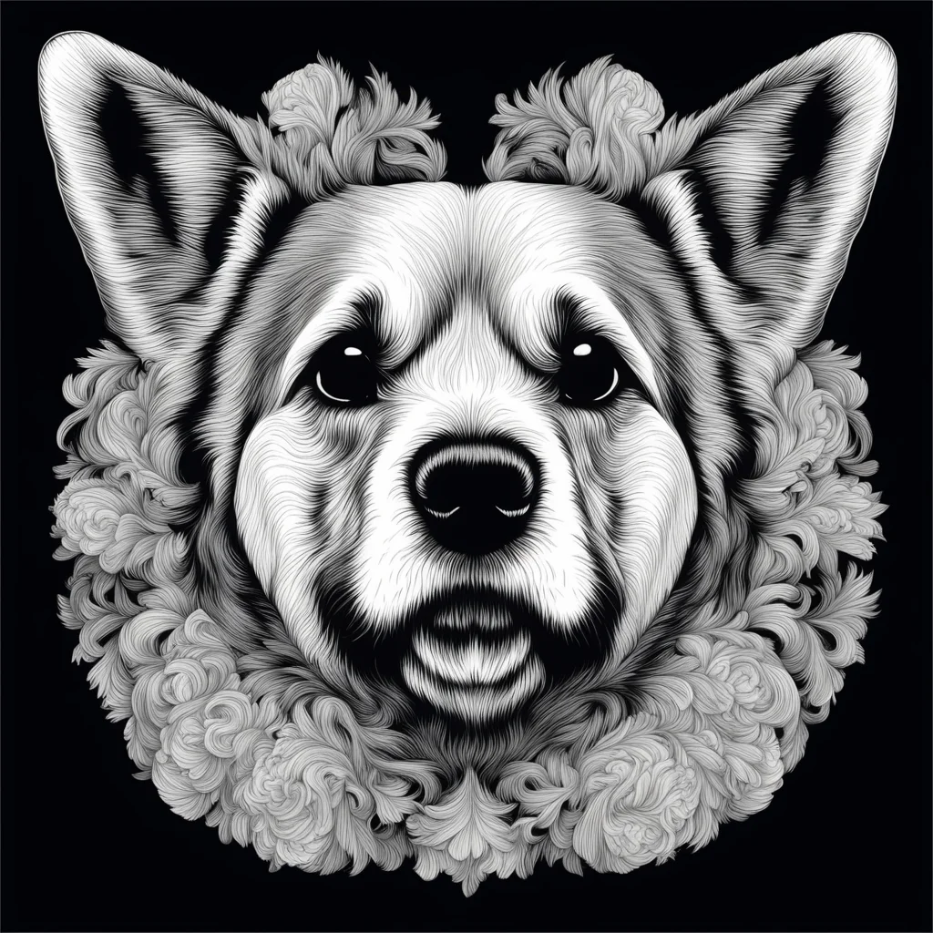 perfectly symmetrical design dog face screenprint American Kitsch style  extreme detail centered  ar 23 uplight