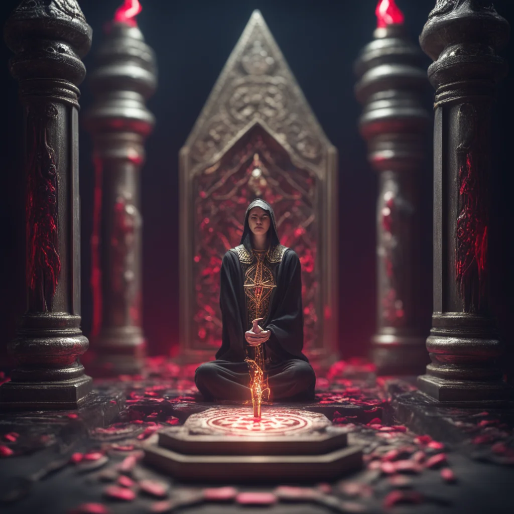 person praying to ethereum in a satanic shrine ai depth of field