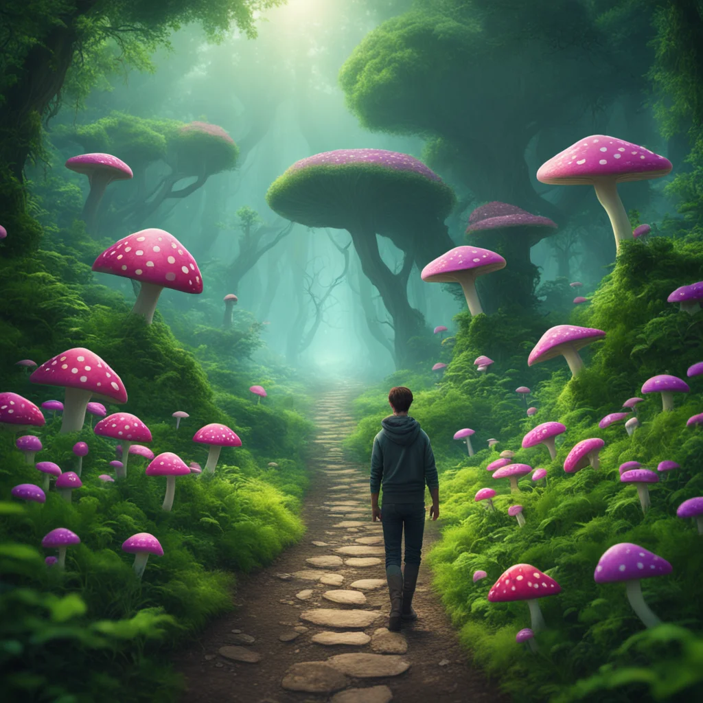 person standing on overgrown path leading to magic mushrooms epic fantasy landscape ue5 ar 920