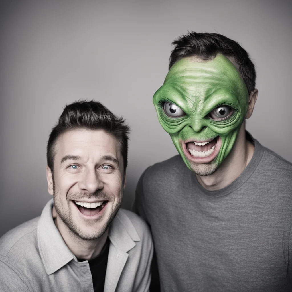 photo booth image of a man and an alien making silly faces