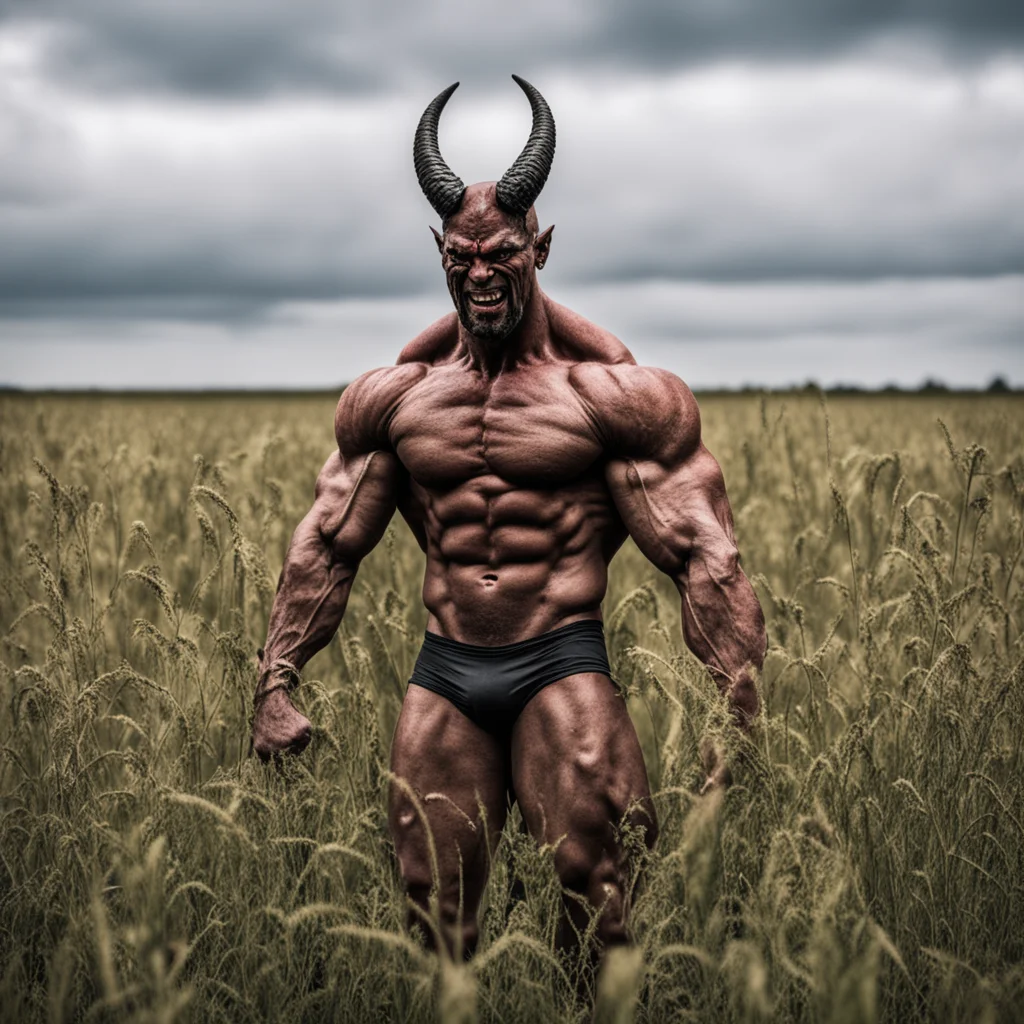 photo of a body building devil in a field extreme muscles —ar 45