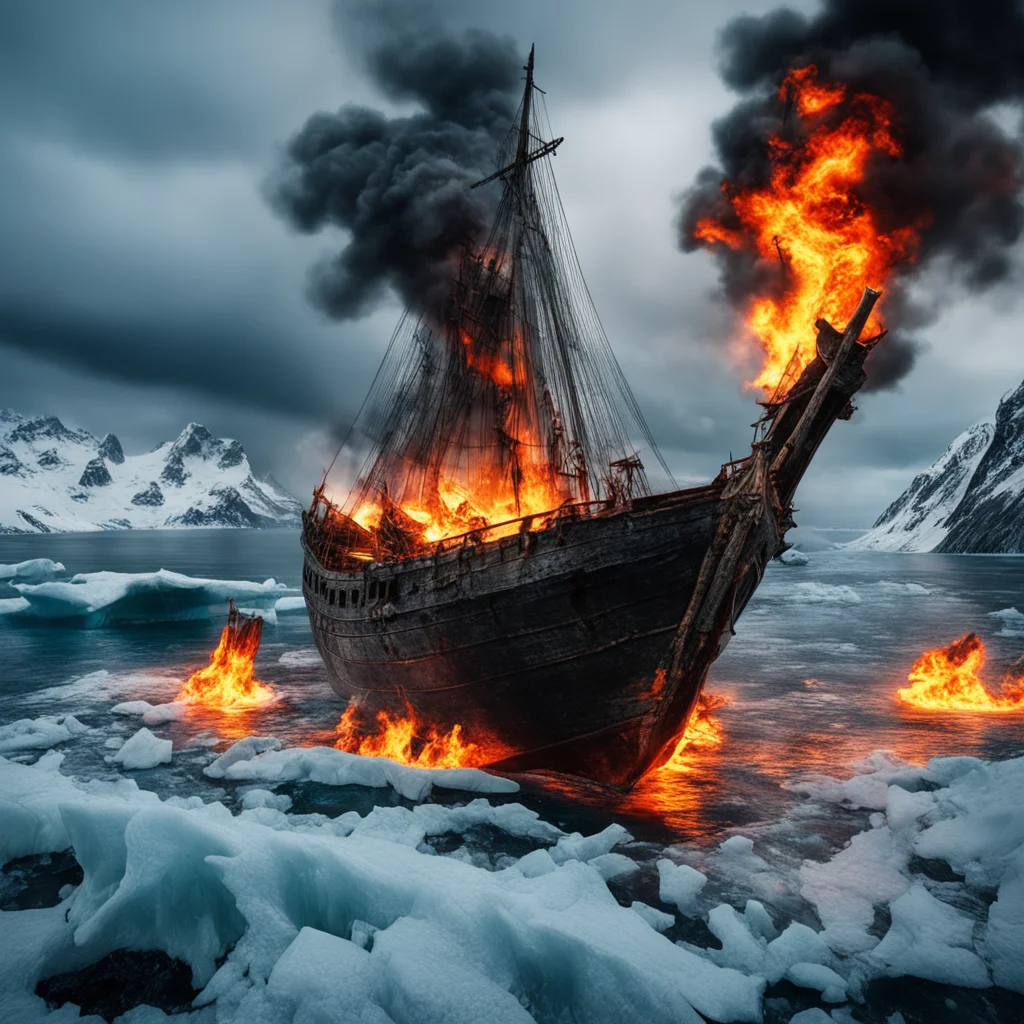 photo of a burning viking shipwreck in ridged ice in a fjord with the gods looking from above2 nature desparation polar 