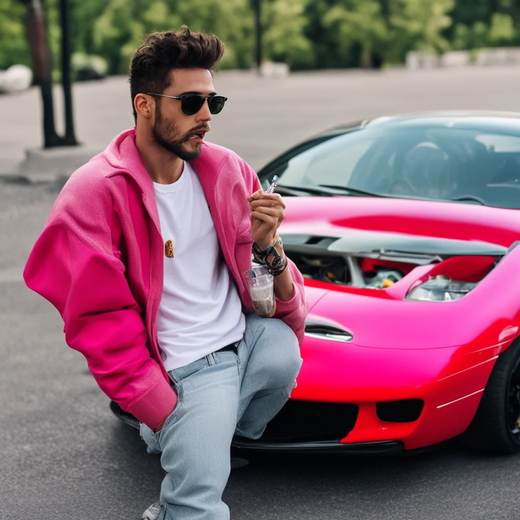 photo of a cool dude who has a gf smoking cigs and eating burritos in a Ferrari