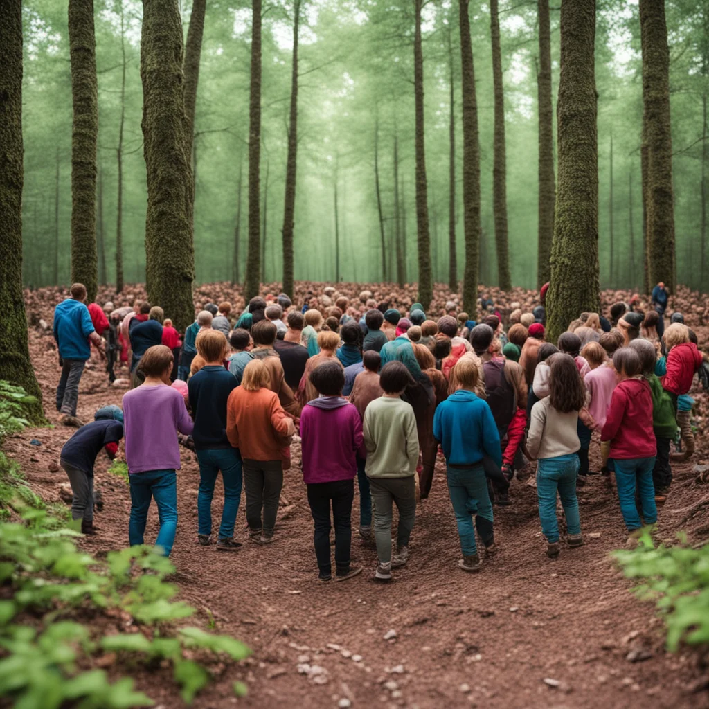 photo of a crowd searching in the woods for a hidden door to mystery plasticine ar 21