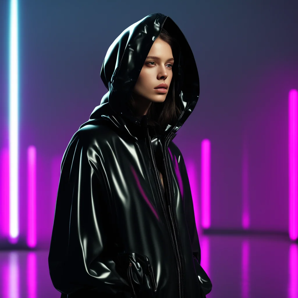 photo of a fashion model on the runway wearing black balenciaga hooded jacket looking away from camera covered in plasti