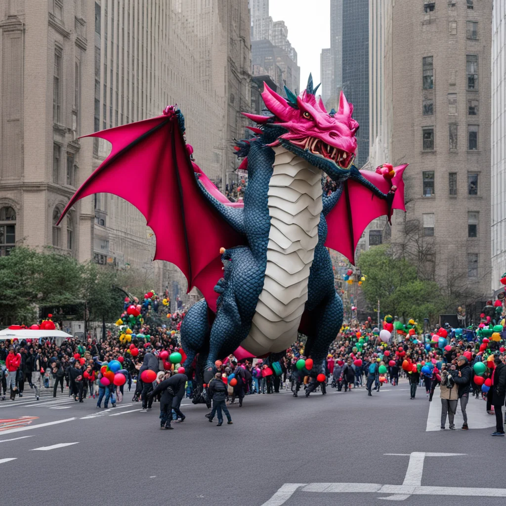 photo of a giant dragon ballon sculpture in macys day parade New York —ar 53 —fast