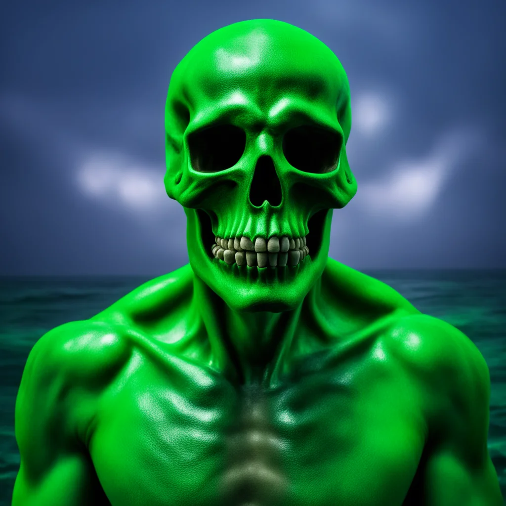 photo of a gigantic human wearing a green skull halloween mask resurfacing from the deep ocean hyper realistic glowing g