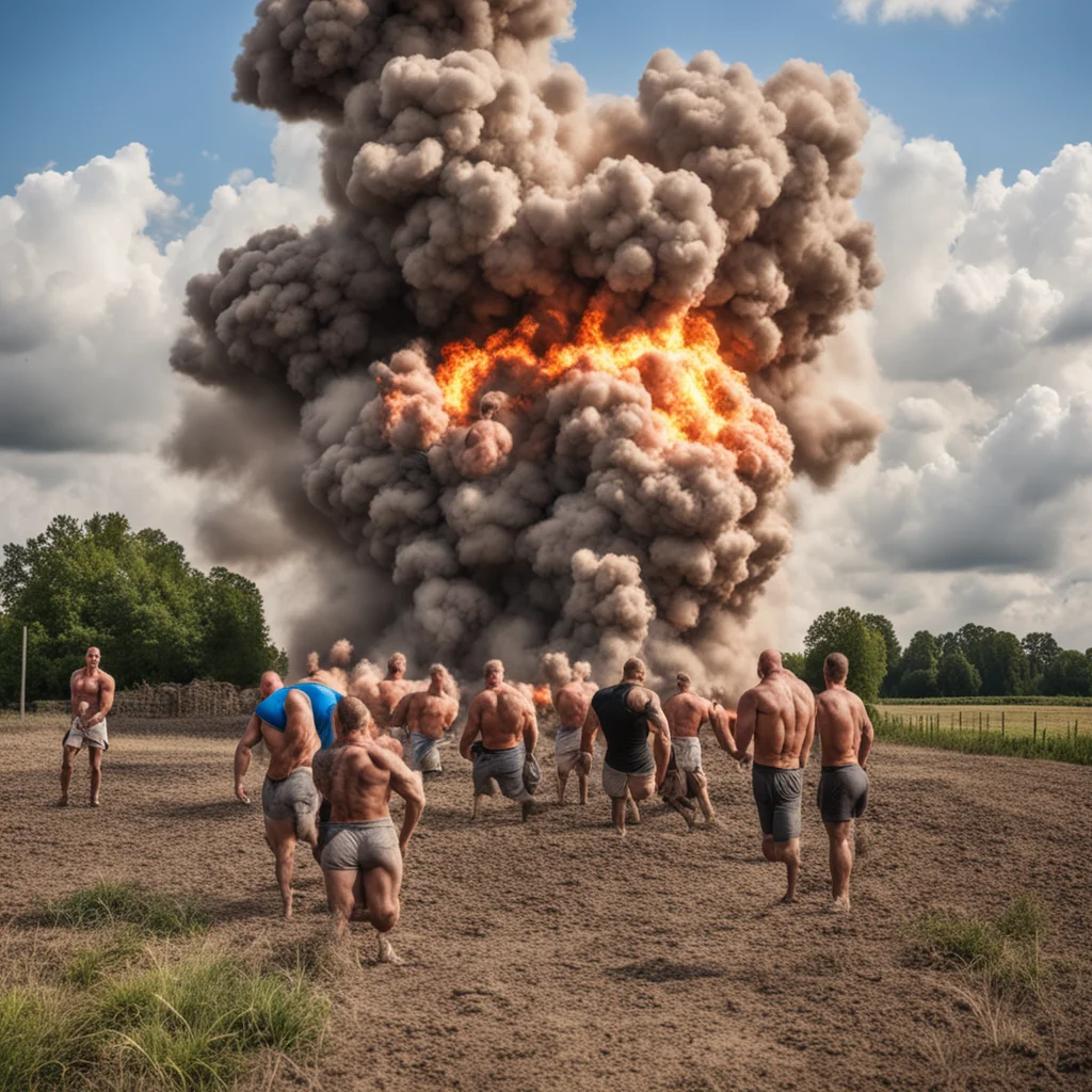 photo of a large bomb body builders extreme muscles explosion on an American farm —ar 53