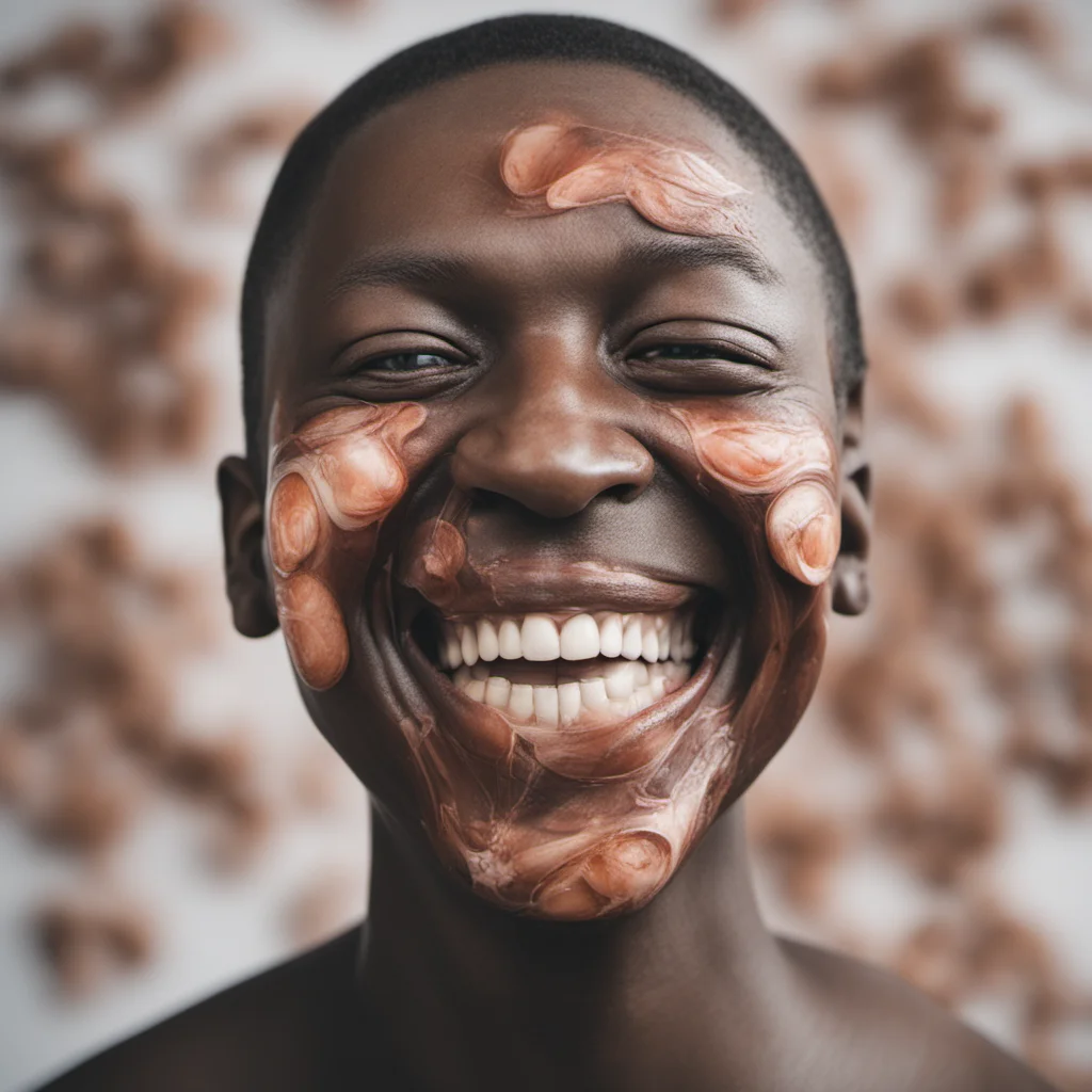 photo of a smiling face covered in muscles —ar 45
