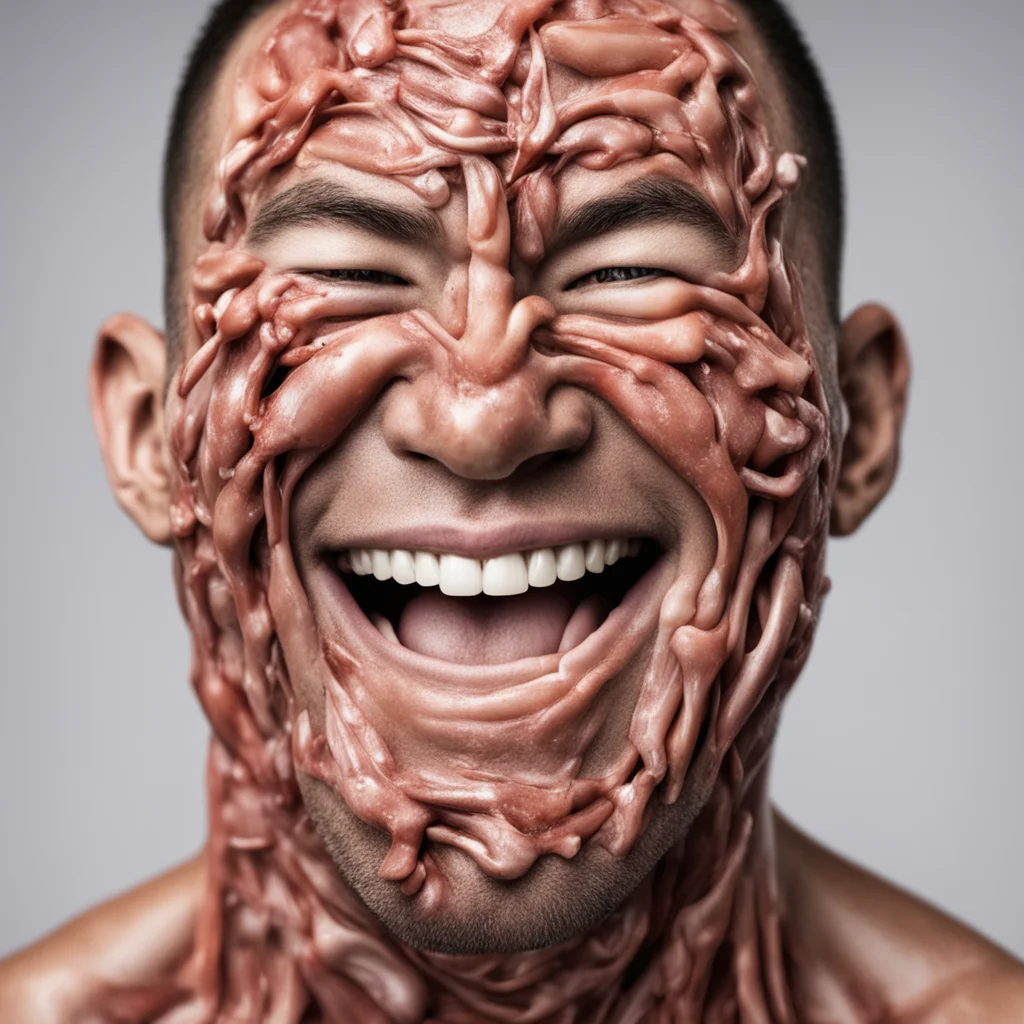 photo of a smiling face covered in muscles extreme —ar 45