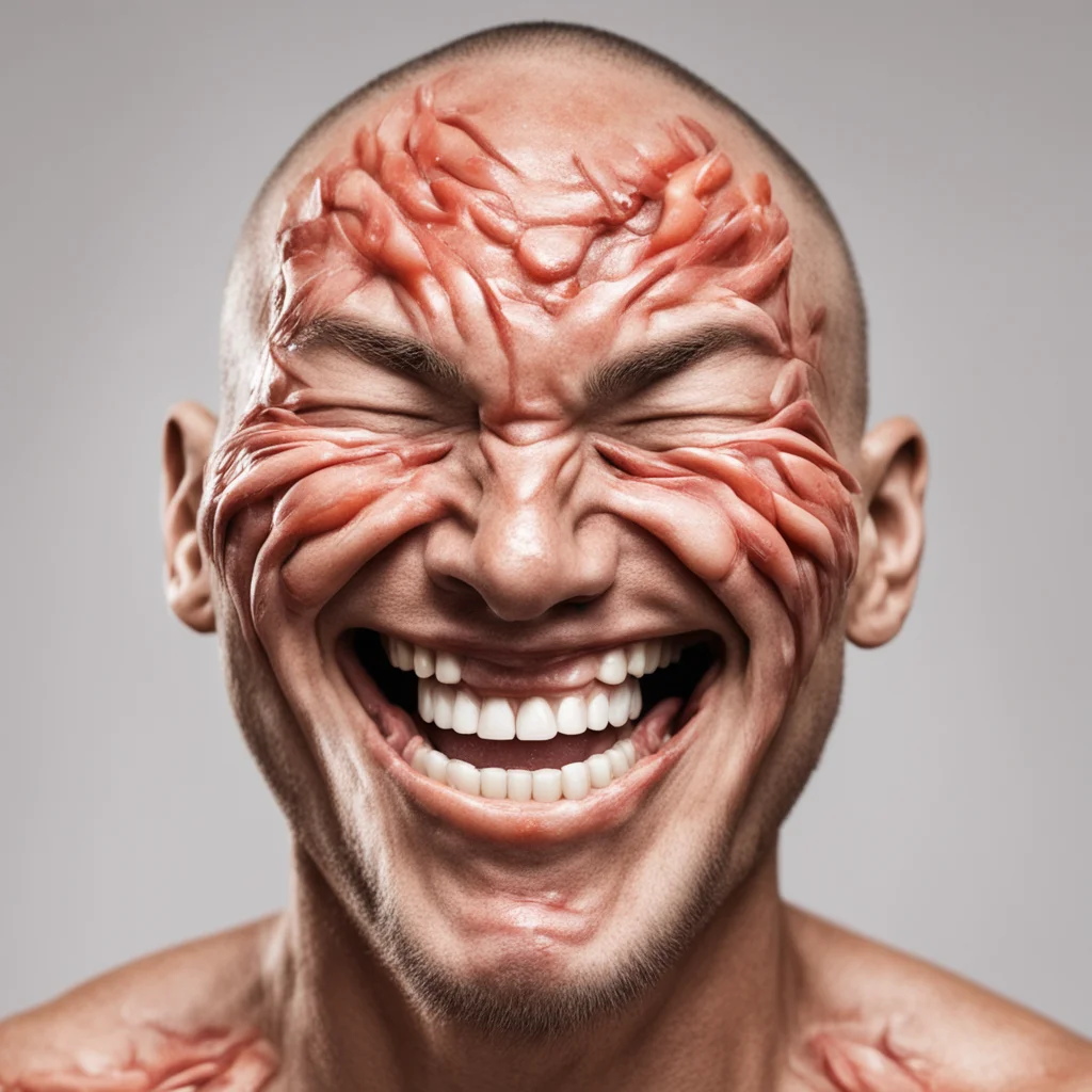 photo of a smiling face covered in muscles —ar 51
