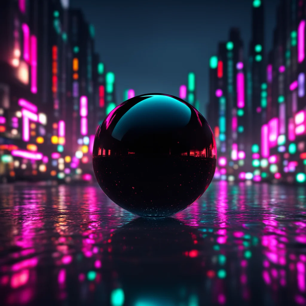 photo of a translucent black sphere in a night city scene glossy sharp reflections 8K 3D redshift render camera high glo