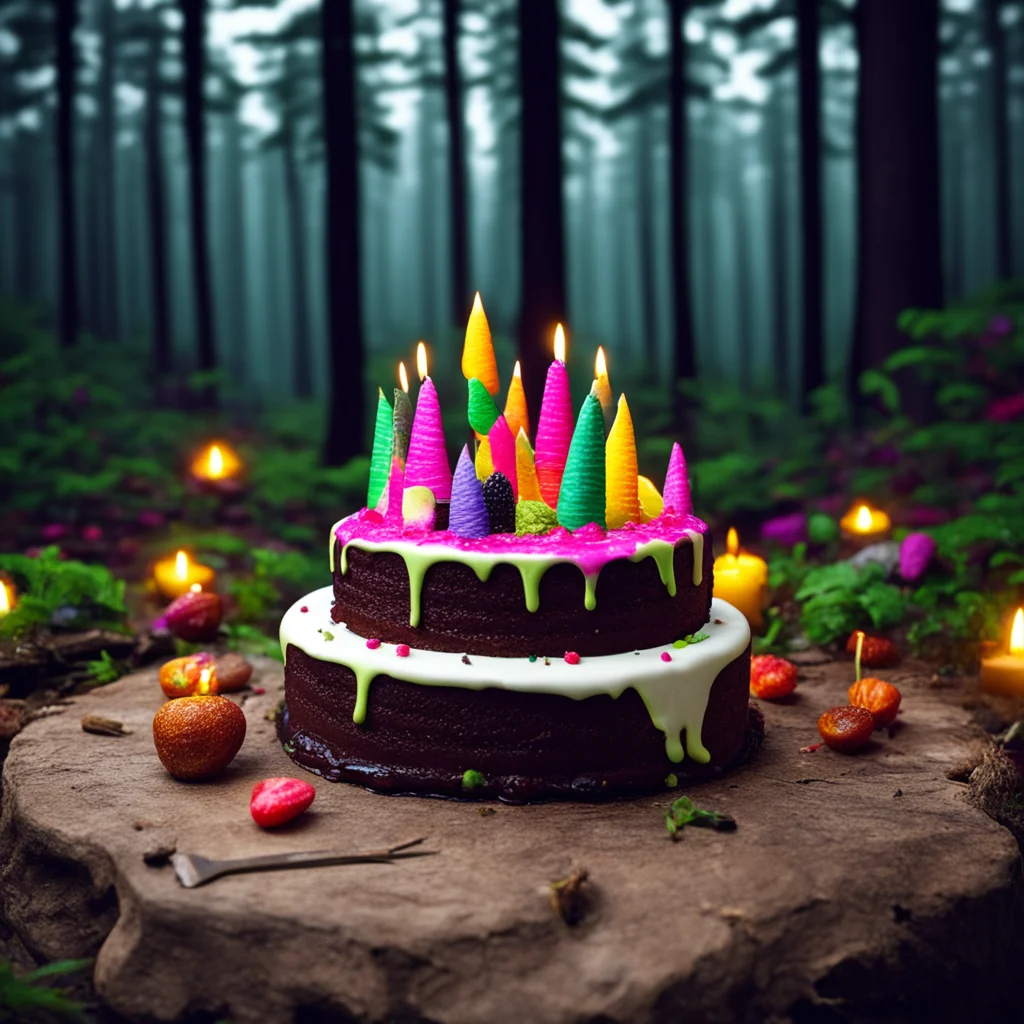 photo of birhday party in dark deep forest camping cake ar 169