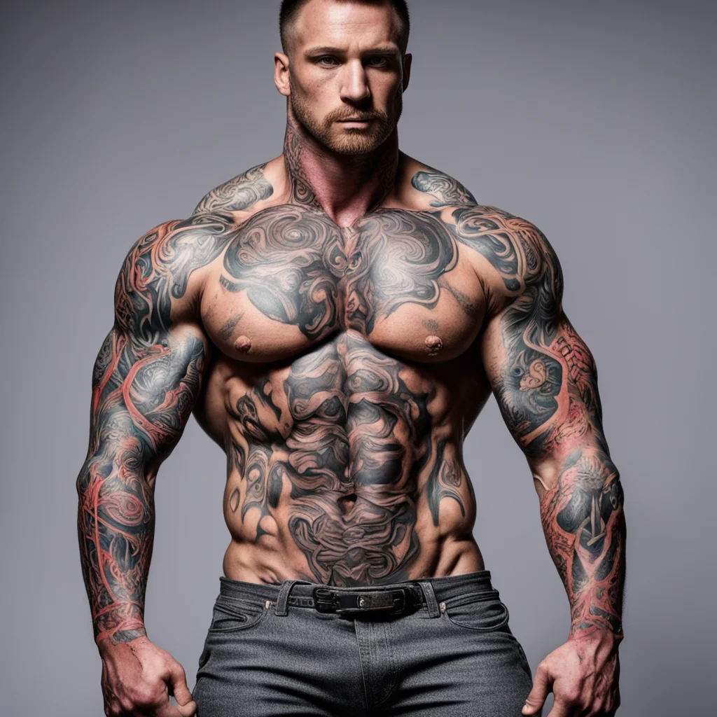 photo of body builder covered in tattoos extreme muscles —ar 45