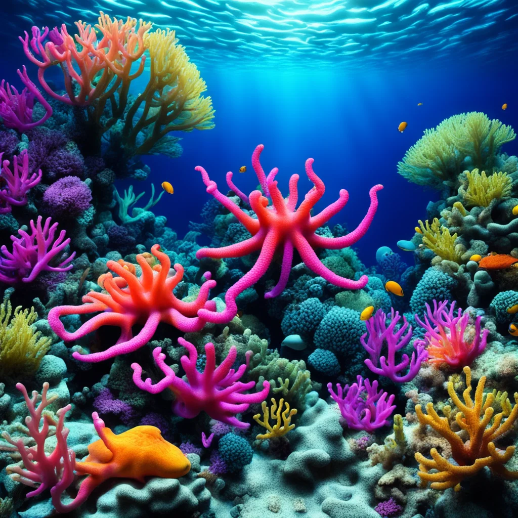 photo of colored coral reef with fish and octopus high contrast hugh realistic high detailed unreal render eerie blue li