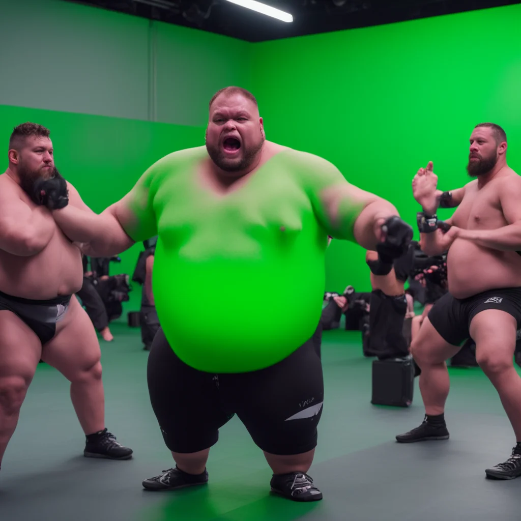 photo of fat mma fighter loosing fight spits on a film set green screen Warner brothers behind the scenes stage film crew with panavision cameras motion capture