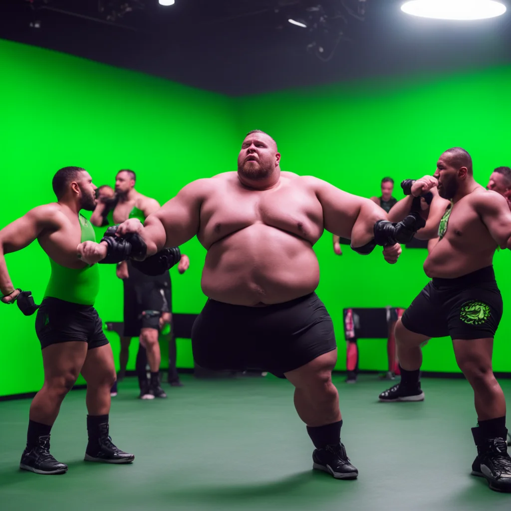 photo of fat mma fighter loosing fight spits on a film set green screen zoomed out Warner brothers behind the scenes sta