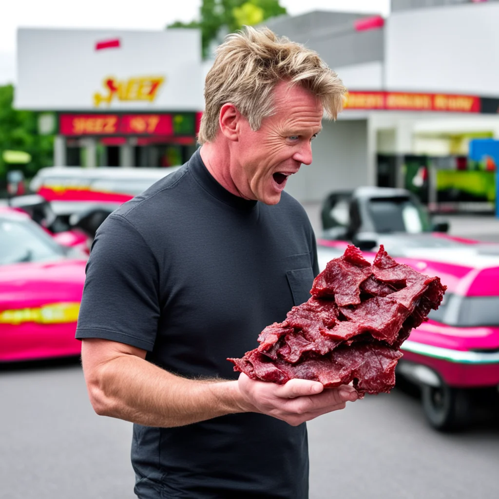 photo of gordon ramsey scarfing down beef jerky in a sheetz parking lot