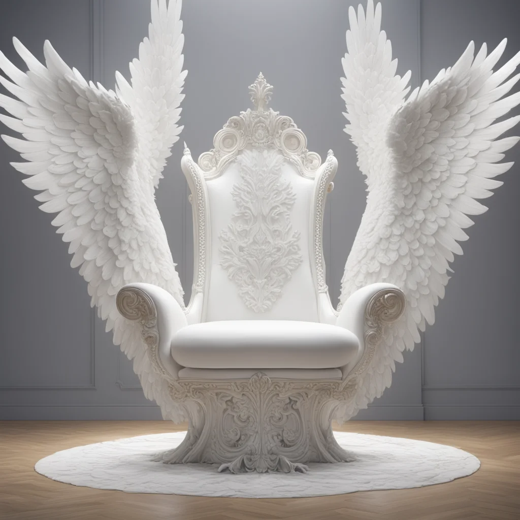photographic realistic a big white sculpture of a king chair armor pieces angel wings surrounded by air waves by Yoshita