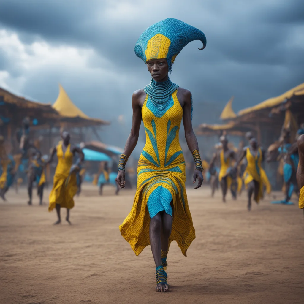 photography by Sarah Morris A concept design of alien african tribal pattern dress dancing plaza in the storm yellow and