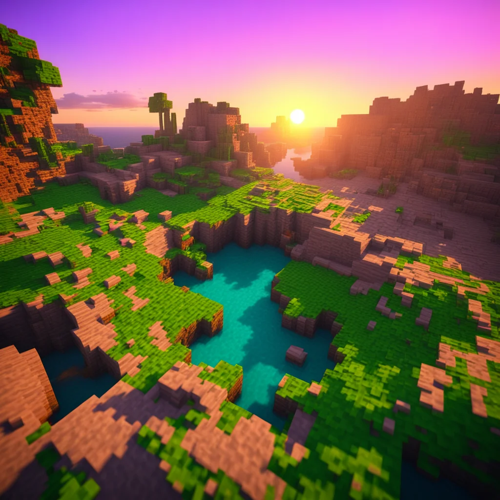 photorealistic and organic Minecraft landscape at sunset