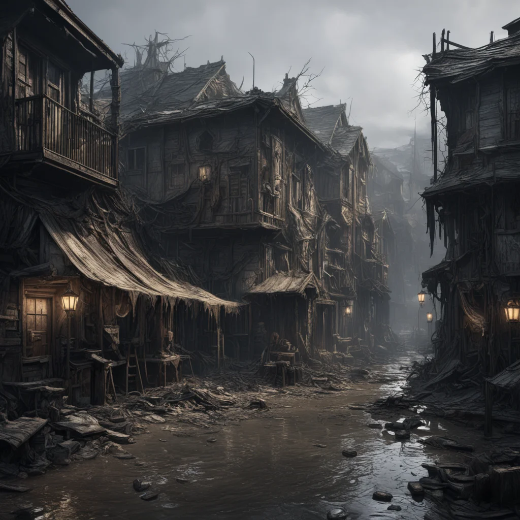 photorealistic concept of a dark fantasy town square dirty wet ominous dark worn down and muddy broken shacks peasants l