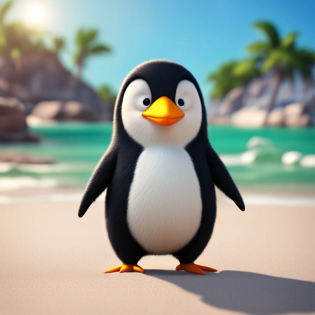 photorealistic cute penguin character in the style of pixar enjoying summer on the beach highly detailed dark and cinema