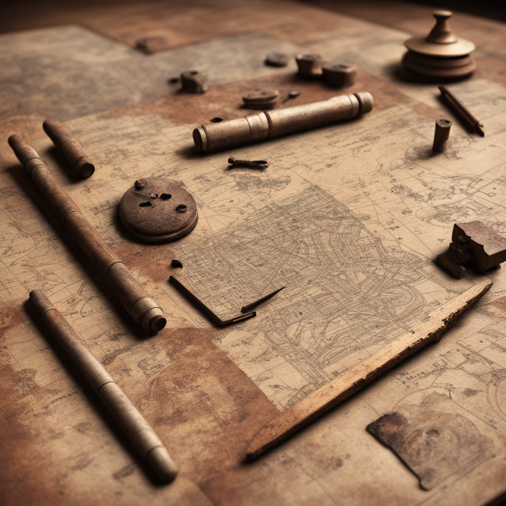 photorealistic details intricate realistic 3D ancient cartography tools worn used rusted setting on tabletop 1930
