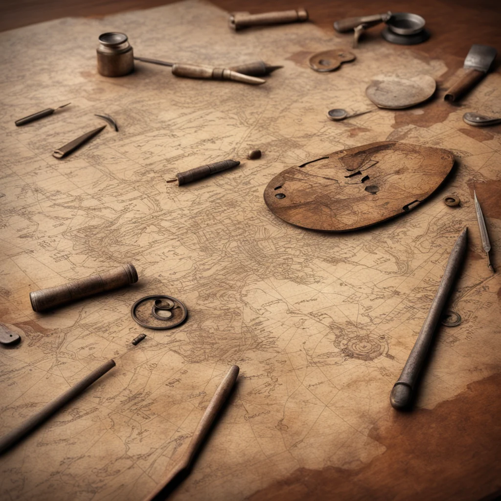 photorealistic details intricaterealistic 3Dancient cartography tools worn used rusted setting on tabletop 1940