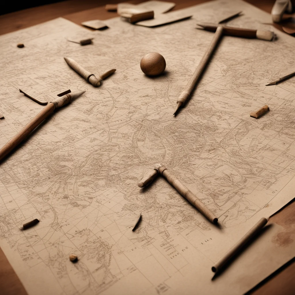 photorealistic details intricaterealistic 3Dancient cartography tools worn usedspread out on large tabletop 1940