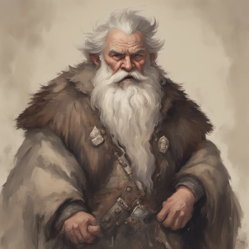 picture of old angry whitebearded dwarf wearing wolf pelt in style of Victor Adame Minguez