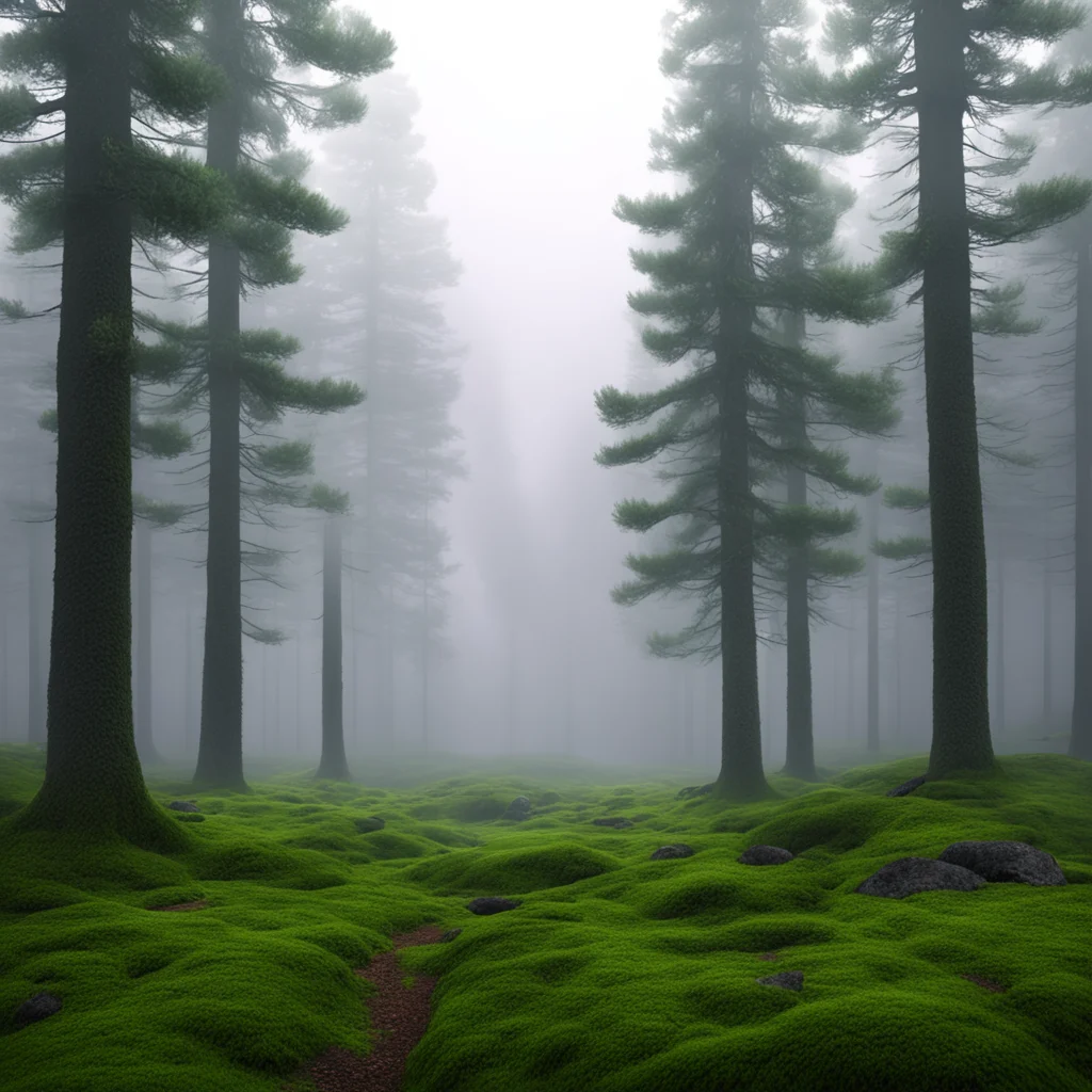 pine forest moss panorama heavy fog house with warm interiors godrays ar 53