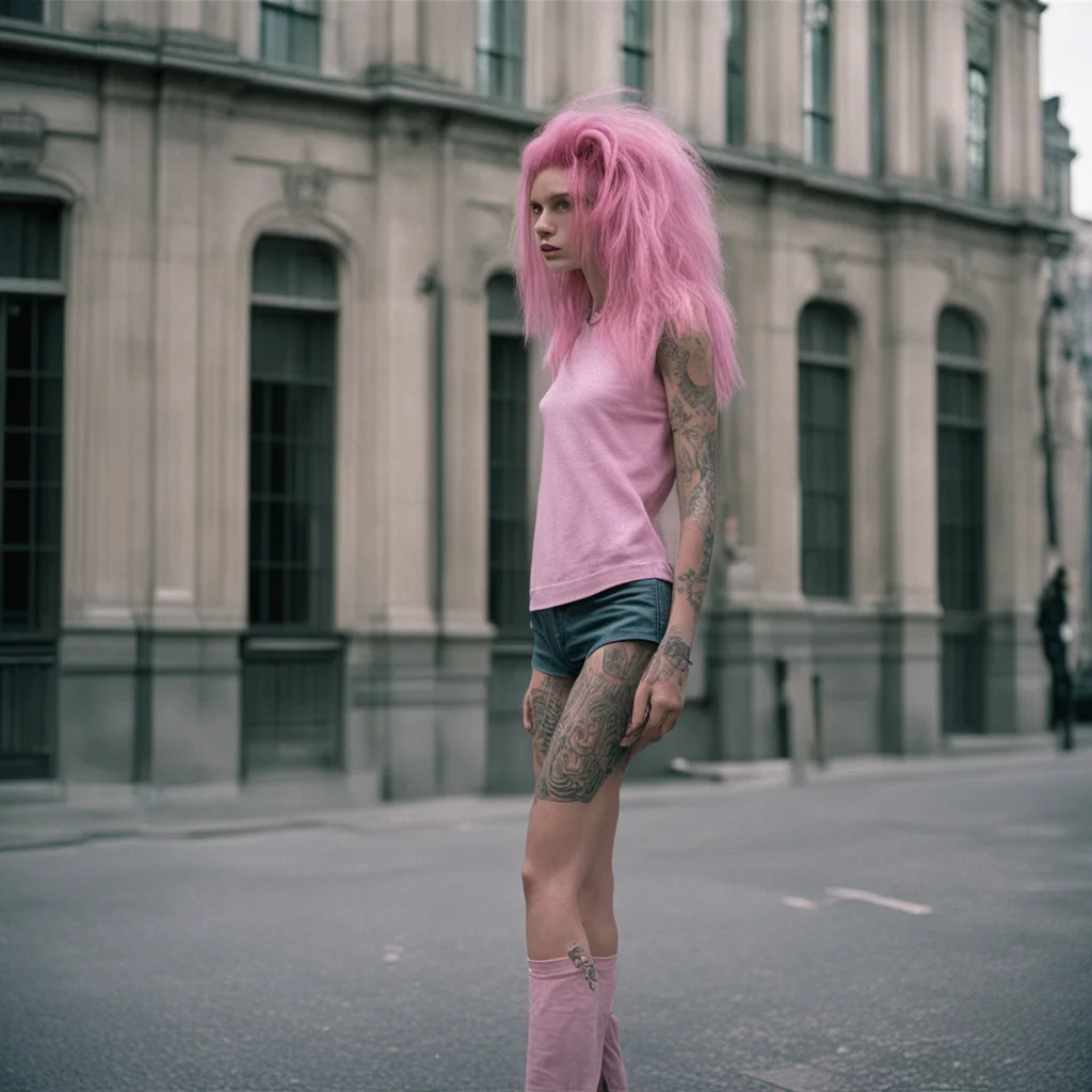pink hair female model w tattoos standing outside giant old London bank direct wide angle view shadows on building stree