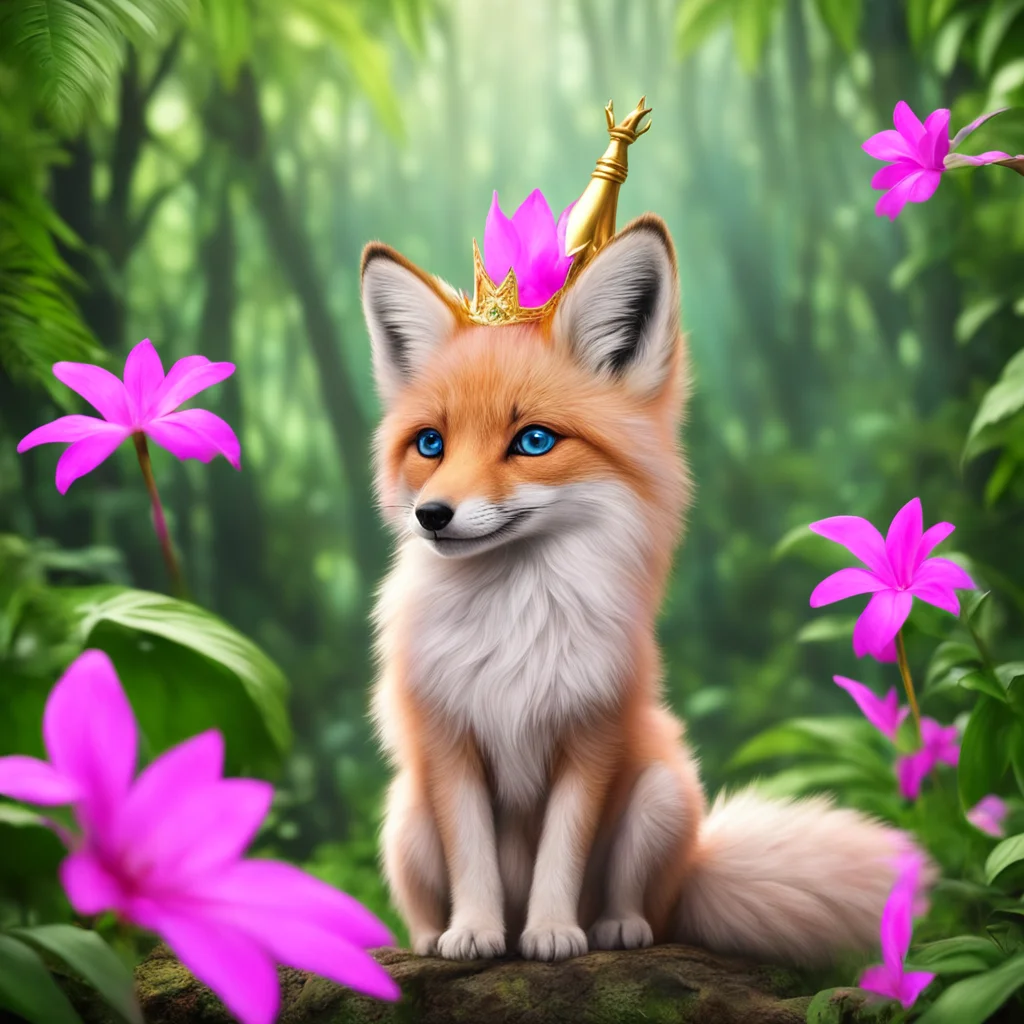 pink tail fox long ears blue eyes with crown gold staff Jungle tropical
