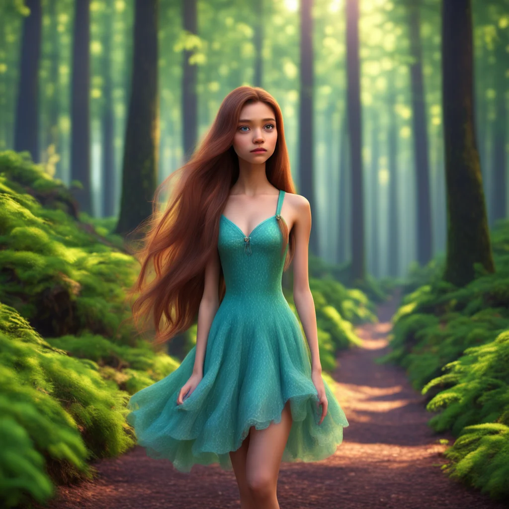 pixar princess attractive slender female model long hair forest landscape hyper realistic photo real animation