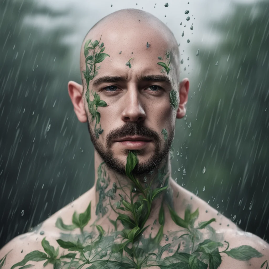 plant Nigella damascena as a face tattoo in style of old herbarium paintings on hyper realistic wet handsome young bald 