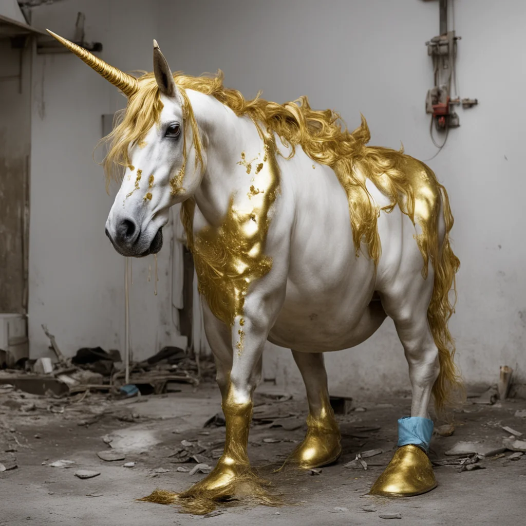 plumbers nightmare about a goldish unicorn crying itself to sleep due to homelessness