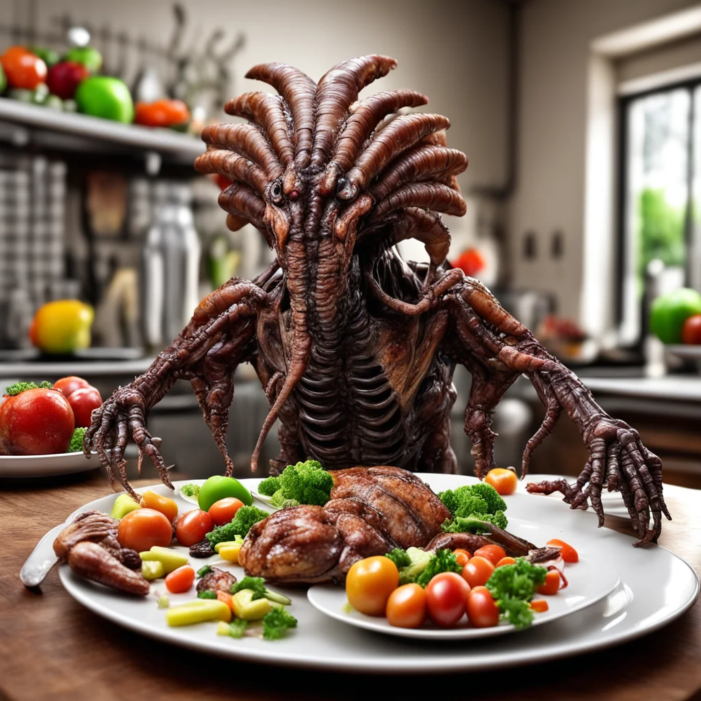 plump roasted turkey shaped like a xenomorph face hugger translucent freshly cooked with garnishings and mixed vegetable