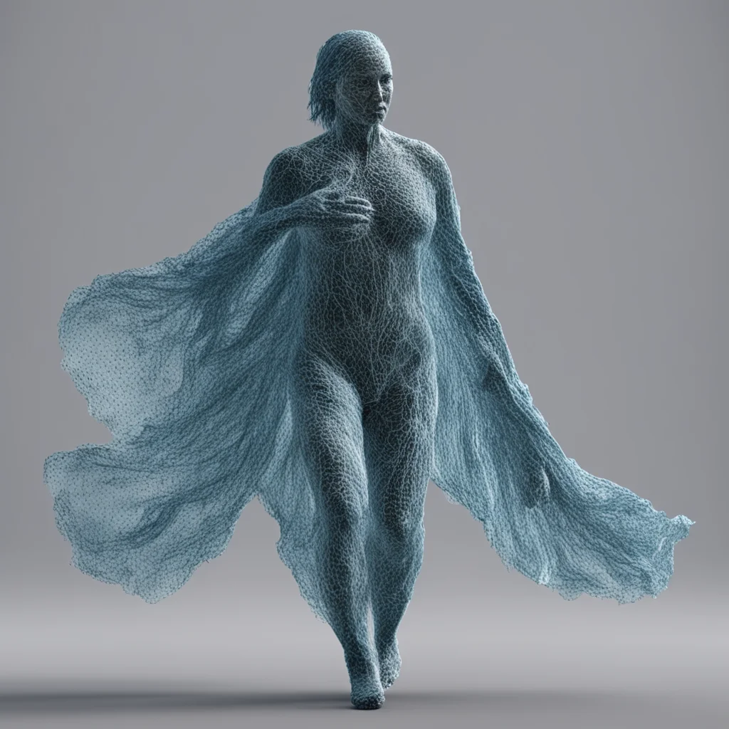 point cloud data of human walking with flowing fabric  3d octane render 
