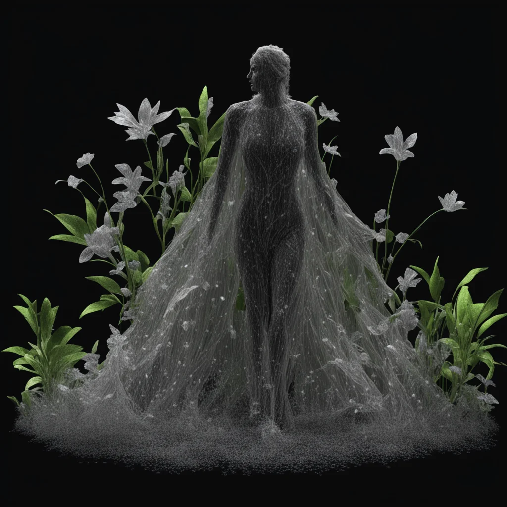 point cloud data of human walking with flowing fabric andplants and crystals  3d octane render  solid black background