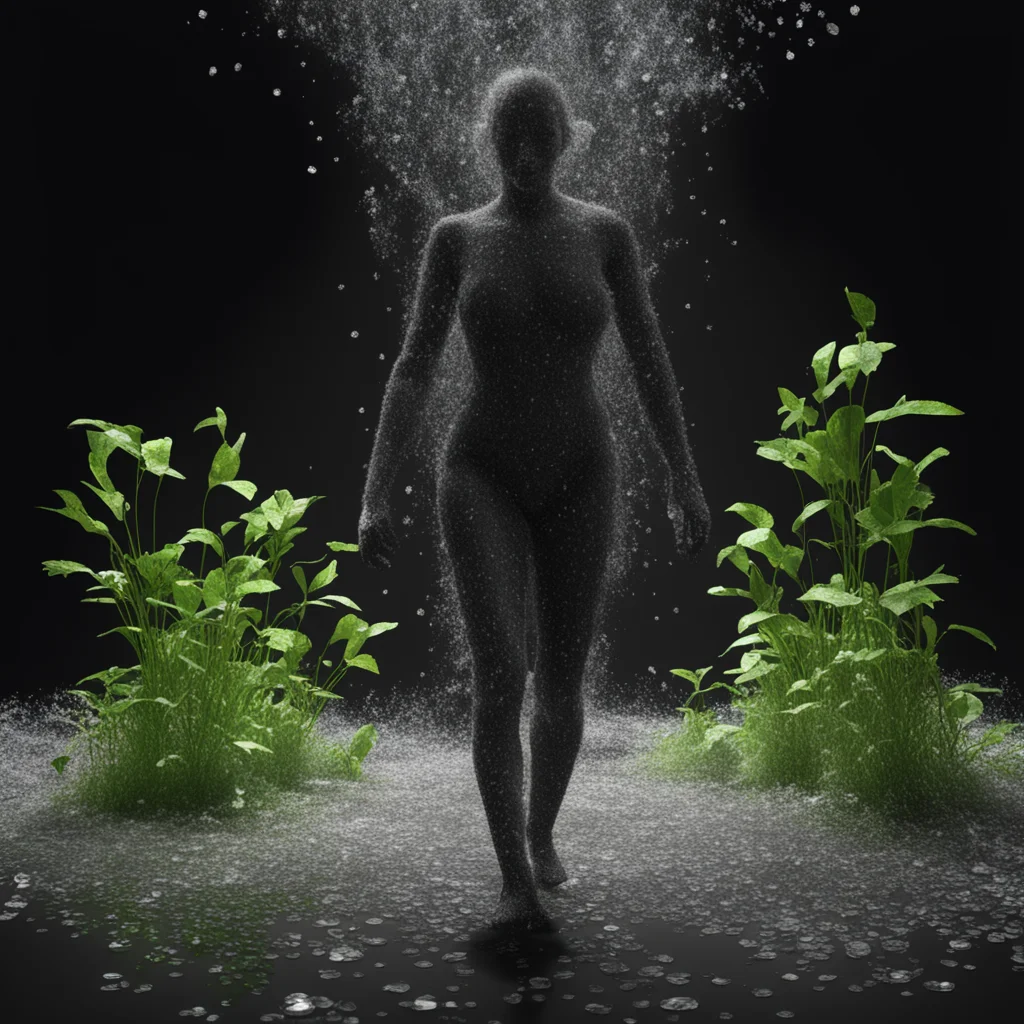 point cloud data of human walking with flowing fabric andplants and crystals on floor  3d octane render  solid black bac
