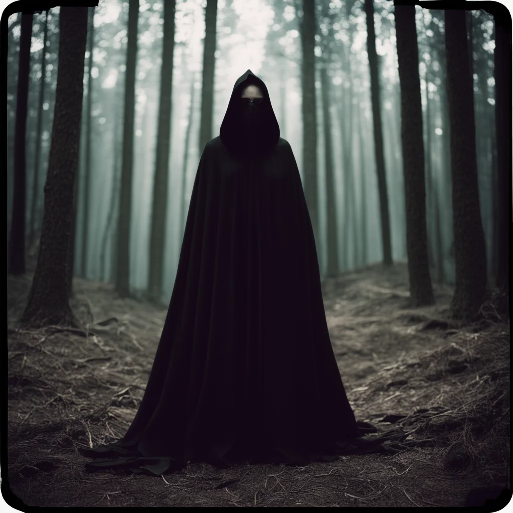 polaroid of a mysterious figure ina black flowing in the wind cloak in a detailed dark spooky forest in the style of flo