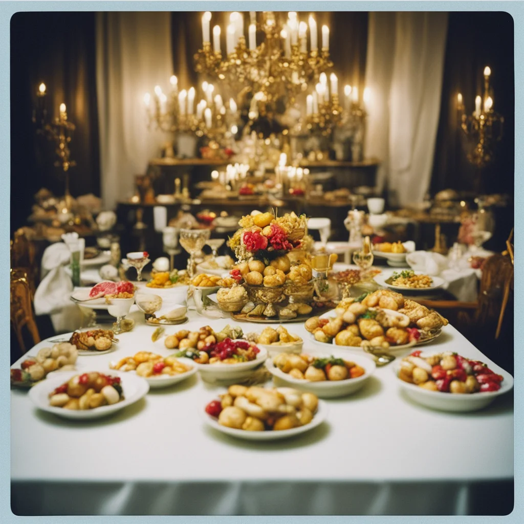polaroid over exposed photo of a banquet table full of food gold shrine elaborate cult @matthewalden relaxed