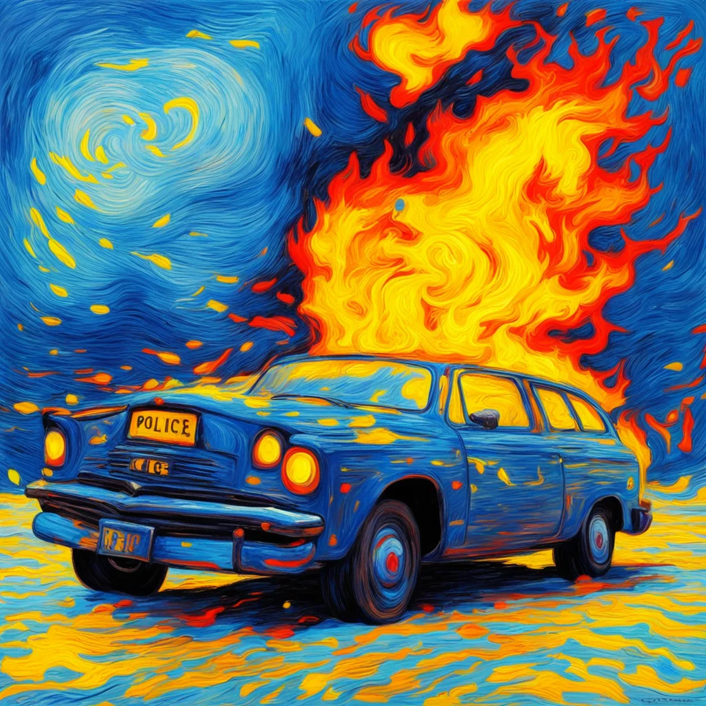 police car on fire Van Gogh style