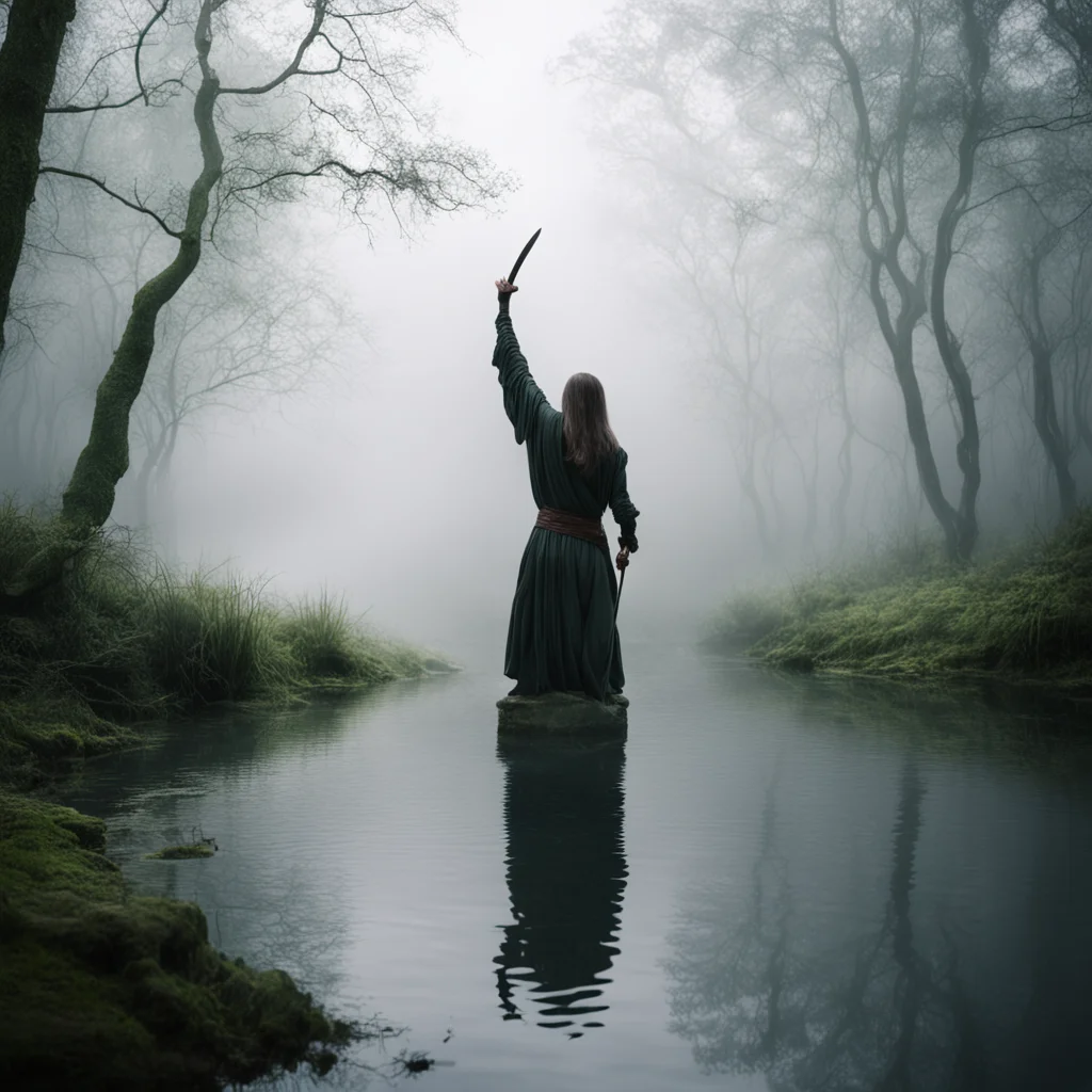 pond with a foggy atmosphere with an hand rising from the water holding a sword the pond is surrounded by trees Arthuria
