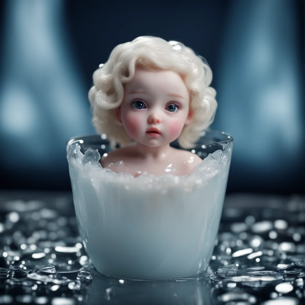 porcelain doll inside ice cup in cuphyper realism cinematic 85mm photo realism