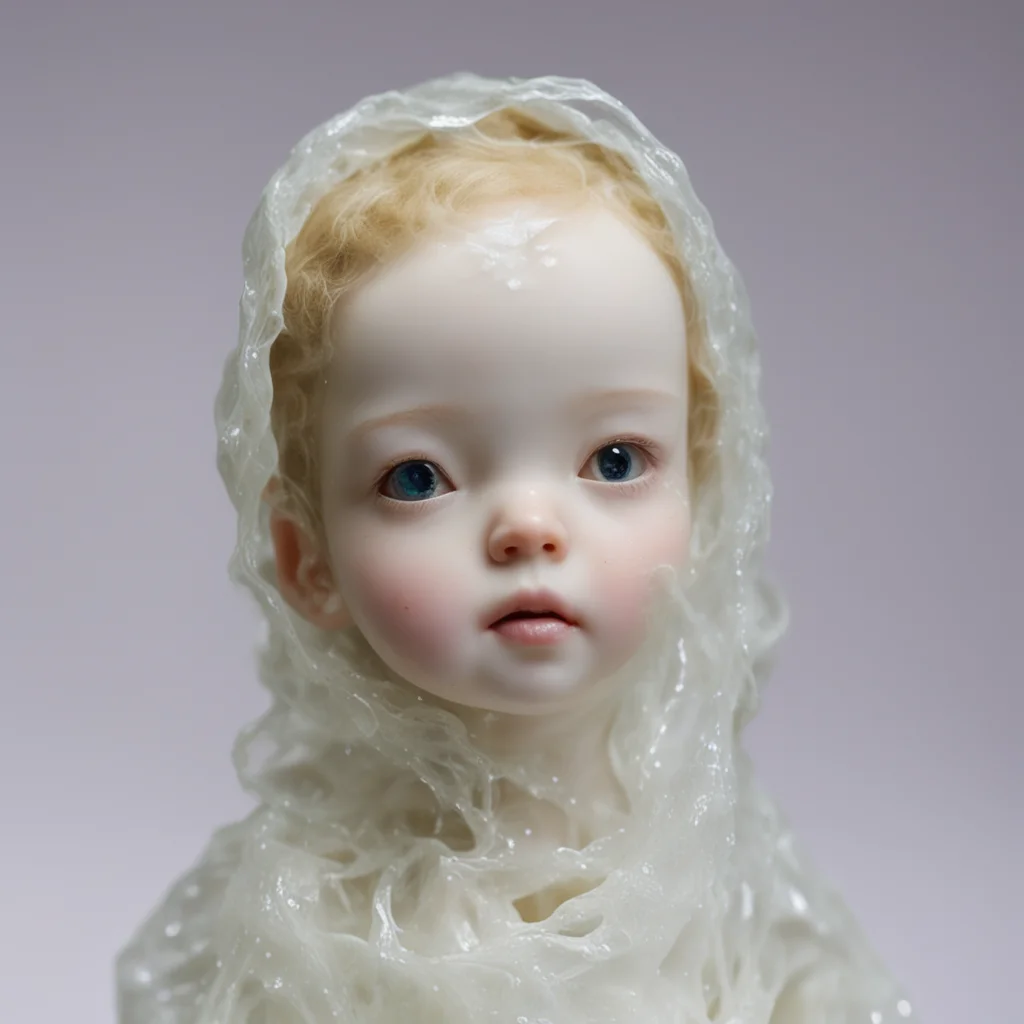 porcelain doll wrapped in wet clear plastic cracking leaking bubbling foaming