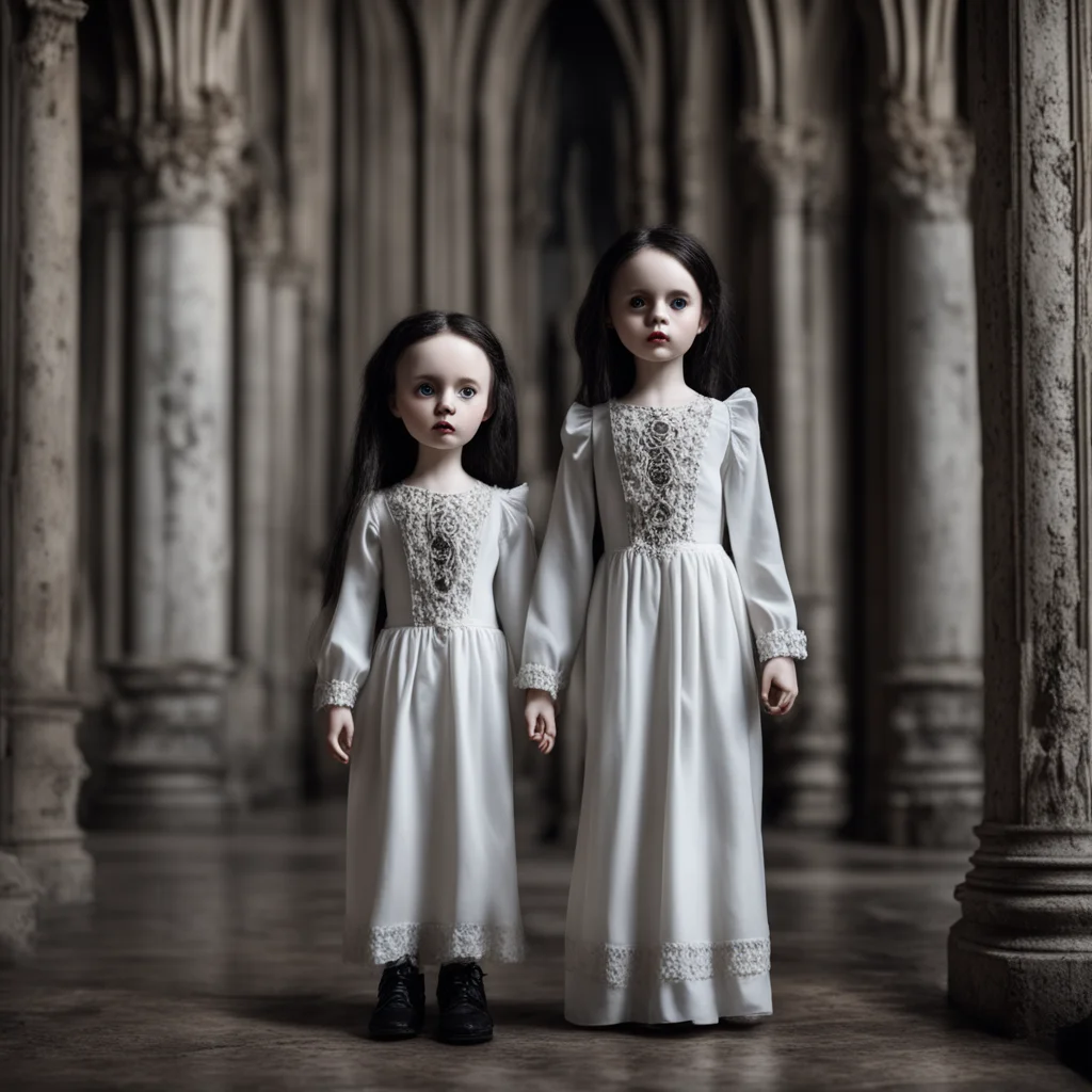 porcelain dolls standing in cathedral scary goth realistic horror
