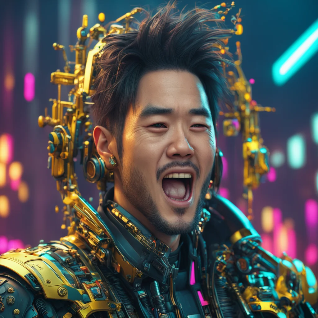 portrait Chinese singer Jay Chou aughing out loudsuper fat glitch art circuit bent crt cathode ray tube male cyborg hype